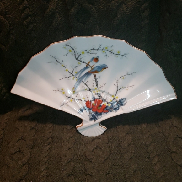 Japanese Ceramic Birds Floral  Fan Trinket Dish Decor Jay China Gold Trim - Picture 1 of 7